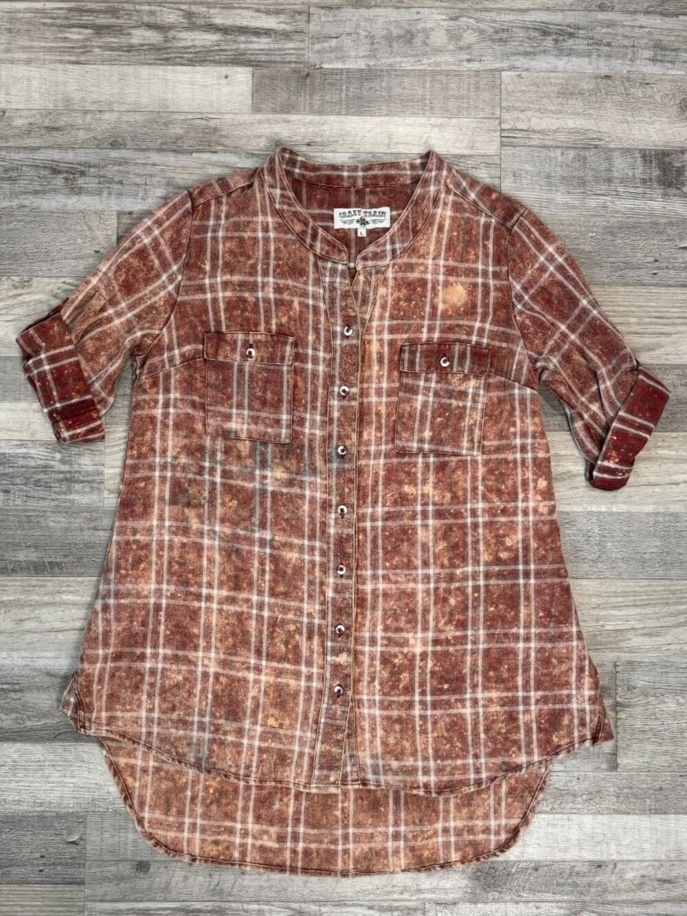 Crazy Train NWOT mineral washed flannel tunic faded red size large M23